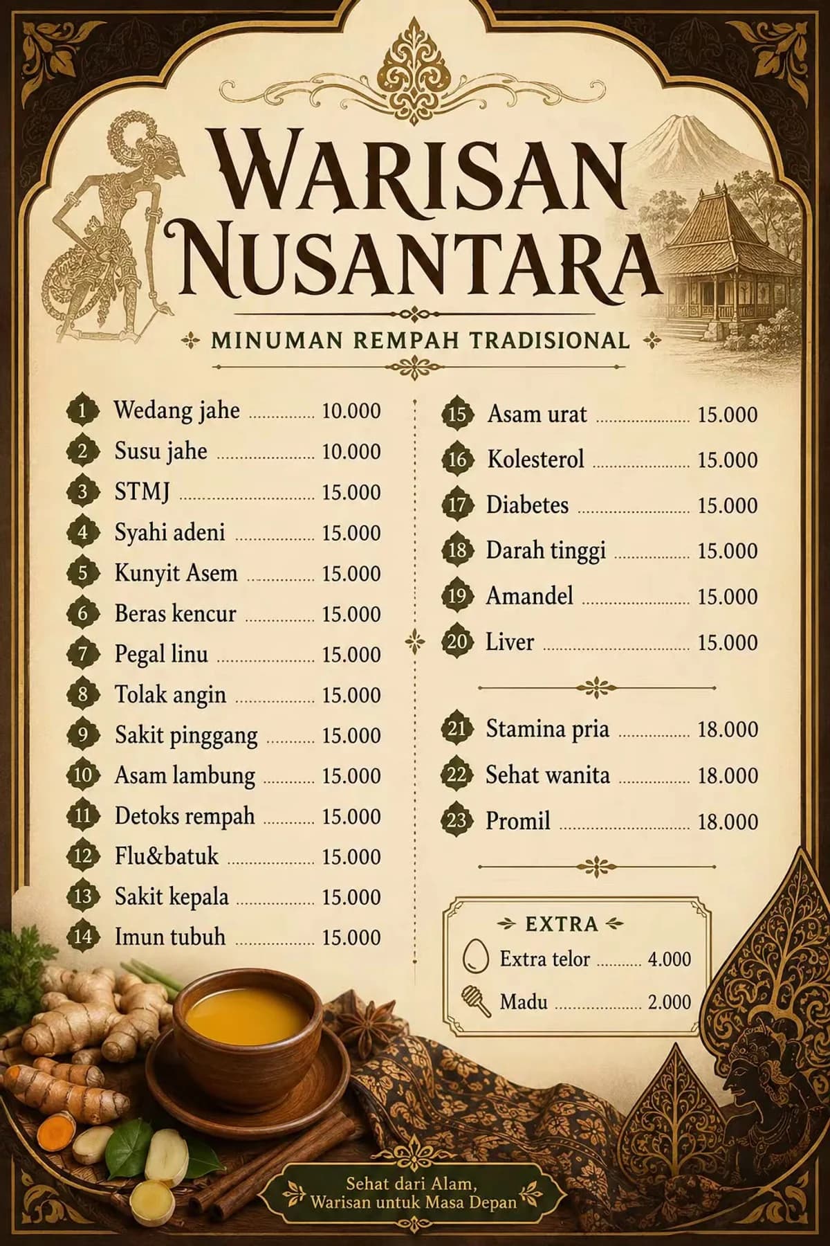Papan menu Warisan Nusantara berisi daftar 23 minuman rempah tradisional dan 2 extra beserta harganya